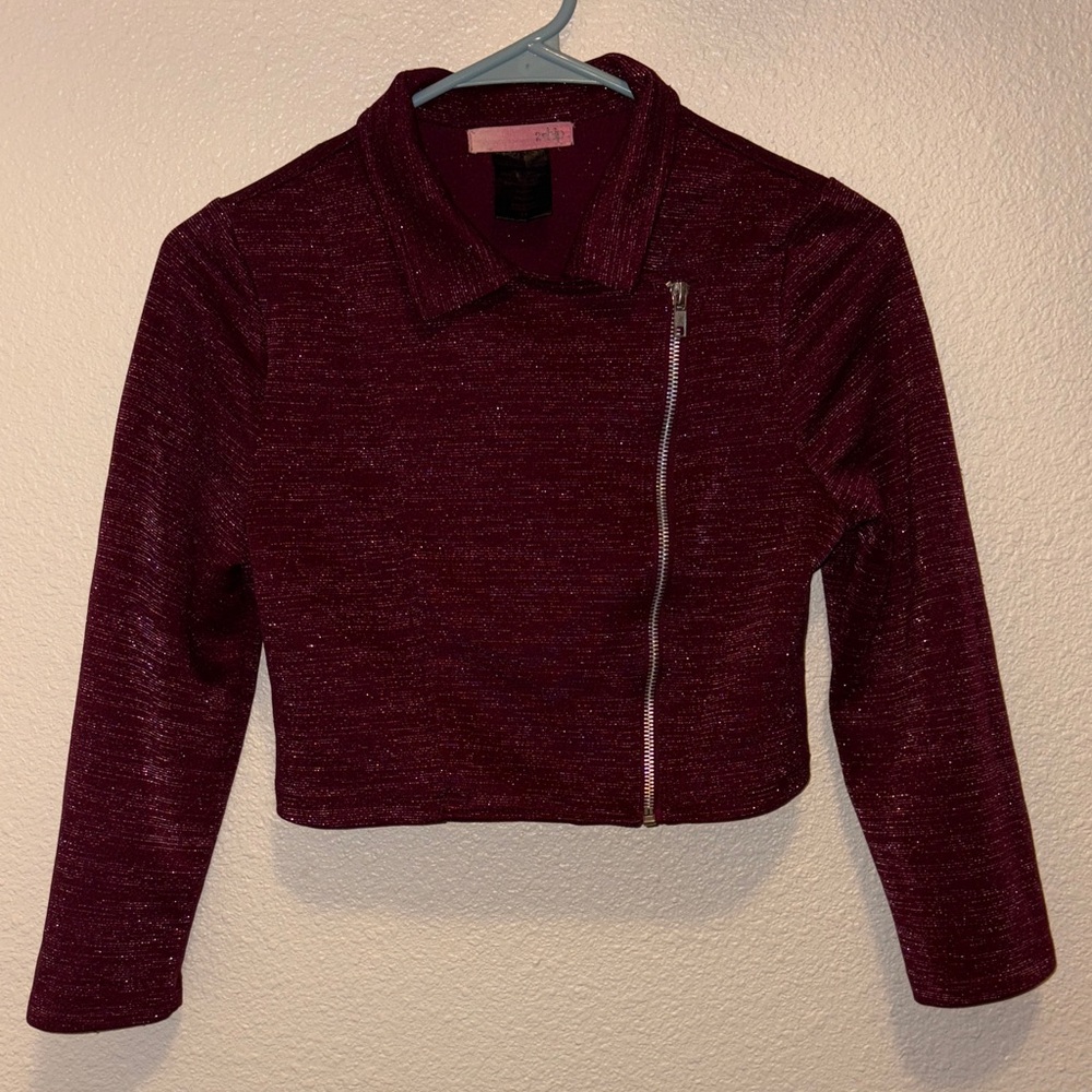 2Hip Metallic Wine 14 Girls Cropped Moto Jacket Half Jacket Zippered 🏍️✨